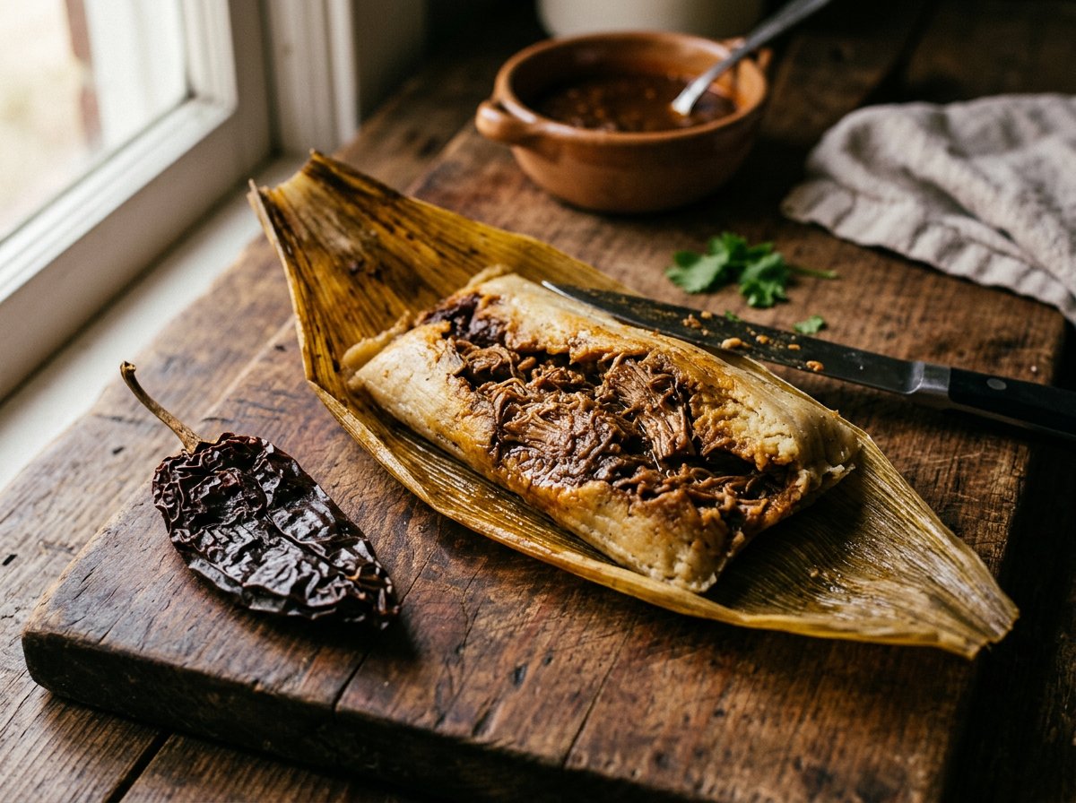 Ruby's Pork Tamales — slow-braised pork in ancho red chile