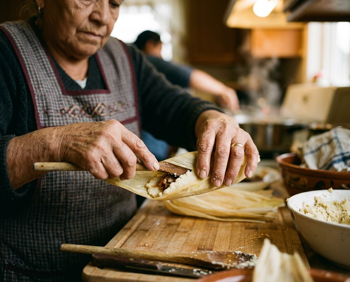Ruby hand-rolling tamales in her kitchen